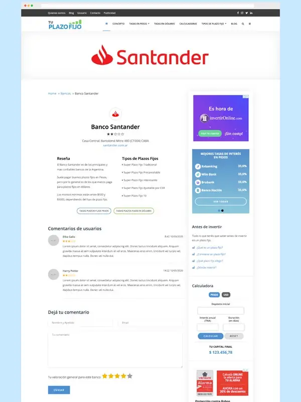 TuPlazoFijo.com - Rediseño y maquetado de sitio web -- Sección Descripción de Banco (ejemplo Banco Santander)